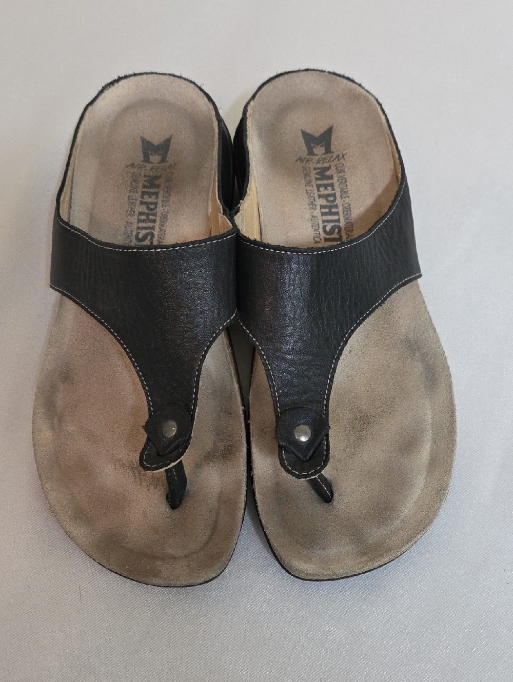Mephisto Women’s Black Leather Toe-Post Sandals with Tan Suede Footbed